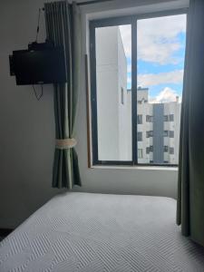 波哥大APARTA-HOTEL BADEN的一间卧室设有一张床和一个大窗户