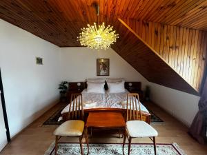 比克Noémi nyaralóház的一间卧室配有一张床、两把椅子和一个吊灯