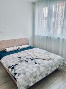 瓦列沃Buba Apartman的卧室内的一张床铺,带窗户