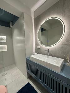 地拉那Apartment in Tirana的一间带水槽和镜子的浴室