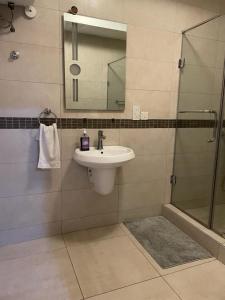 阿克拉Green Court Serviced Apartments的浴室配有盥洗盆和带镜子的淋浴