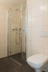 Lautertal库拉普克罗兹霍夫乡村酒店的浴室设有玻璃淋浴间和卫生间