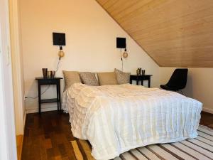 瓦埃勒Assendrupgaard Vejle的一间卧室配有一张带两张桌子和两盏灯的床。