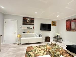 伦敦Stylish Central London Apartment的客厅配有沙发和墙上的电视