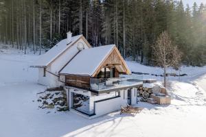 朗根旺Heselehof Waldchalets的雪屋,屋顶上积雪