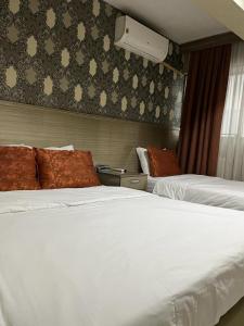 伊兹密尔Metro Otel的酒店客房设有两张床和窗户。