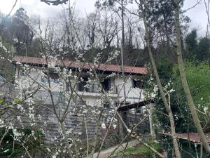 BustielloCasa Rural en Santa Cruz-Mieres的白色的房子,有红色的屋顶和一些树木