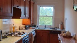凯西克Skiddaw. 20 Greta Grove House的厨房配有炉灶、水槽和窗户。