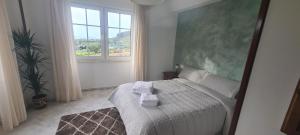 LagoHostal Restaurante Os Faroles playa de Esteiro的一间卧室设有一张床和一个大窗户