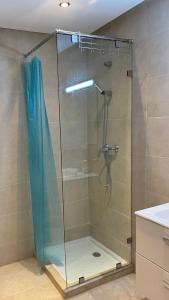 阿加迪尔Apartement Marina Zina, Agadir的浴室里设有玻璃门淋浴