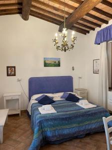 皮蒂利亚诺Villa Vacasio Bio-Eco的一间卧室配有蓝色的床和吊灯。