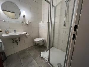 于尔岑Hotel am Stern Uelzen的带淋浴、卫生间和盥洗盆的浴室