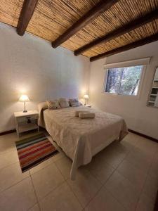 查克拉斯德科里亚Cabaña Chacras de Caro的一间卧室设有一张大床和一个窗户。
