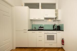 维也纳Delightful 1 bedroom near Schönbrunn and Westbahnhof with big porch的白色的厨房配有白色橱柜和炉灶。