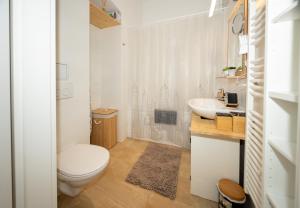 维也纳Delightful 1 bedroom near Schönbrunn and Westbahnhof with big porch的白色的浴室设有卫生间和水槽。