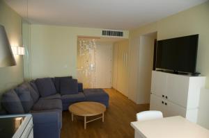 佩特坎内Nikola Luxury Apartments Senia的客厅配有蓝色的沙发和电视