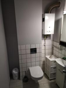 克罗斯诺Apartament przy dworcu的一间带卫生间和水槽的小浴室