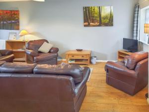 GoxhillCowslip Cottage- W43122的客厅配有两张真皮沙发和一台电视机