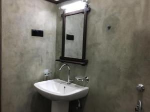 达瓦拉维Peacock Riverside Eco Lodge的浴室设有水槽和墙上的镜子