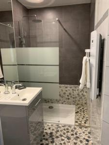 GerdeLa Bigourdane的带淋浴、盥洗盆和镜子的浴室