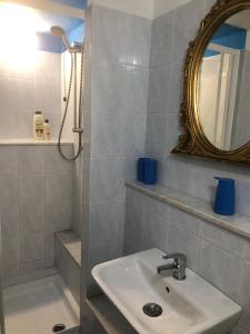 里奥马哲雷Rio Rest Apartments的一间带水槽、镜子和淋浴的浴室