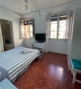 滨海托萨P&R hostals Can Tort的一间卧室设有一张床、一台电视和窗户。