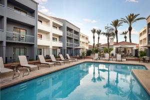 梅萨Courtyard by Marriott Phoenix Mesa的一个带躺椅的游泳池和一间酒店