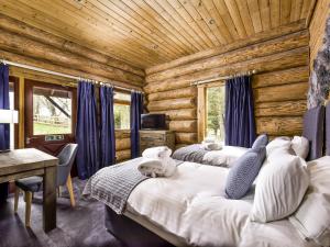 奈斯桥Mountain Bear Lodge的小木屋内一间卧室,配有两张床