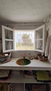 古莱比耶Maison de vacance pour les amateurs de la nature的带水槽的厨房台面和窗户