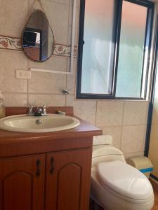 RíoverdeHostal Villa del Rio的一间带水槽、卫生间和镜子的浴室