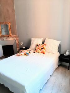 图卢兹Appartement Pont des Catalans的一张带白色床单和彩色枕头的床