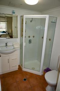布里斯班City/Valley Resort Apartment的带淋浴、卫生间和盥洗盆的浴室
