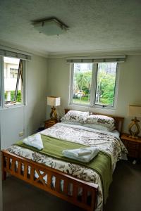 布里斯班City/Valley Resort Apartment的一间卧室设有一张大床和两个窗户