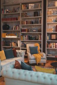 圣玛尔塔迪佩纳吉昂Quinta de Travassinhos- Douro Valley的客厅配有两张沙发和书架