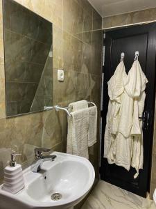 KumistaviCottage Villa Ioseliani的浴室配有盥洗盆、镜子和毛巾