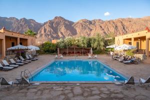 泰夫劳特Auberge Kasbah Chez Amaliya的一个带椅子的游泳池,背景是山脉