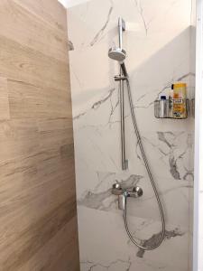 杜布罗夫尼克Madonna Guesthouse II的带淋浴的浴室(以白色大理石装饰)