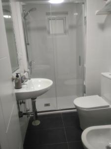 塞维利亚Sevilla Macarena apartamento 3 dormitorios的带淋浴、盥洗盆和卫生间的浴室