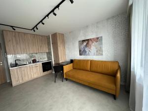 比亚韦斯托克Apartament Kraszewskiego的带沙发的客厅和厨房