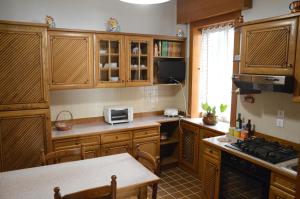 威尼斯阿斯特里亚威尼斯套房公寓的厨房配有木制橱柜和桌子。