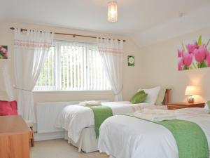 BronantGlennydd的一间卧室设有两张床和一个带粉红色郁金香的窗户。