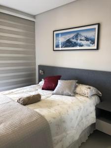 瓜鲁柳斯Monte Fuji ~ GRU 39m2的一间卧室配有一张大床和枕头