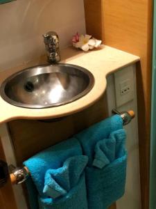乌图罗阿Catamaran Apetahi的浴室水槽和水槽下的蓝色毛巾