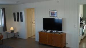SvensbyHeggelund的客厅配有壁橱上的平面电视