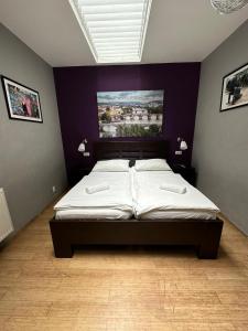 布拉格中央一室公寓的卧室内的一张大床,带紫色墙壁