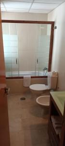 格拉纳达Habitación doble independiente con baño compartido的一间带卫生间、水槽和镜子的浴室