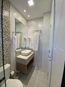 巴拉奈里奥-坎布里乌Pousada Bella Casa的一间带水槽、卫生间和镜子的浴室