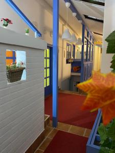 贝尔格莱德Hostel Iris的学校建筑中带有植物的走廊