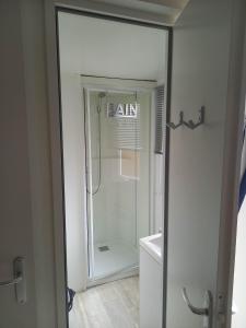 圣乔治-德迪多讷Mobilhome 6 pers avec Clim的带淋浴的浴室,带玻璃门