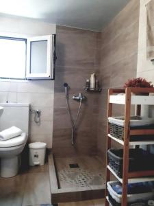 盖奥斯Sunrise cottage的带淋浴和卫生间的浴室